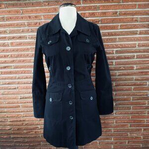 Tulle Black Button-Up Cotton Trench, Size Medium